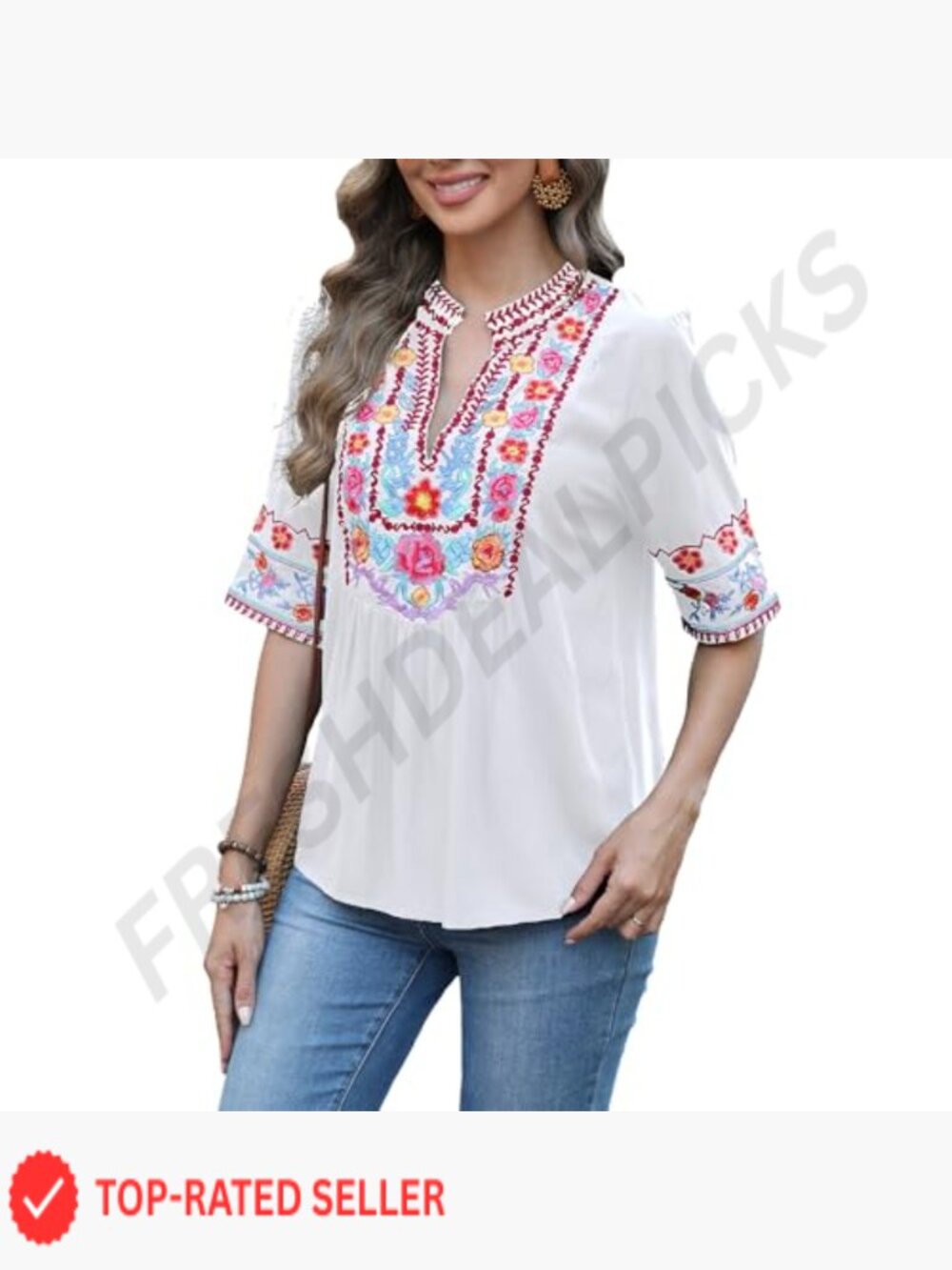 Embroidered V-Neck Blouse Short Sleeve Floral Boho Peasant Top Relaxed Fit - Picture 4 of 5